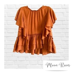 Moon River Orange Linen Blend Butterfly Sleeve Ruffle Top Anthropologie Medium